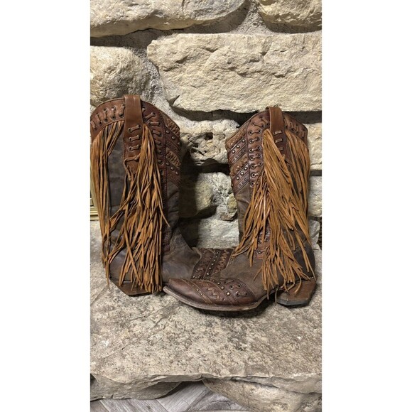 Corral Fringed Studded Tall Leather Cowboy Boots Women’s Size 7 - Picture 4 of 10